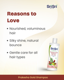 Sri Sri Prakesha Gold Shampoo bottle with product features on a beige background