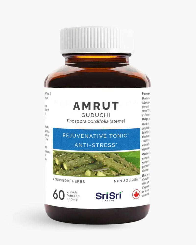 Amrut Guduchi supplement bottle with label on a white background