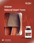 Close-up shot of the raw Arjuna bark next to the product bottle, promoting Arjuna Natural Heart Tonic (NPN Canada). A traditional Ayurvedic herb