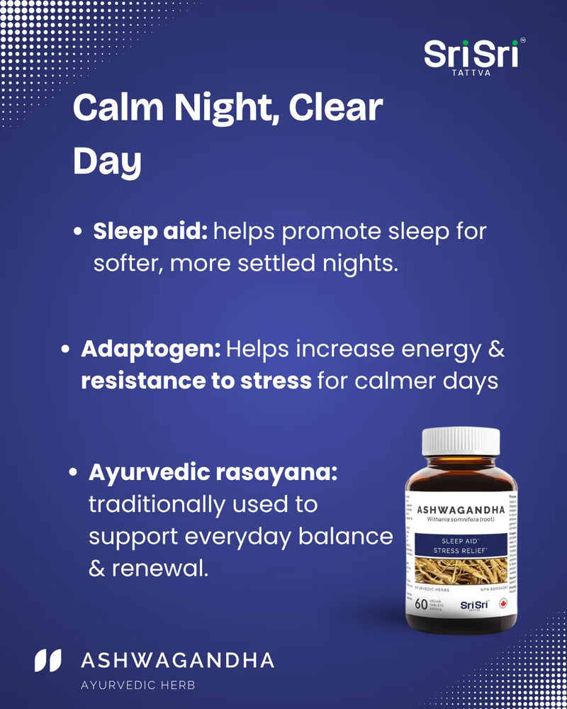 “Calm night clear day graphic — Ashwagandha sleep aid and adaptogen for stress resilience, Ayurvedic rasayana, Canada