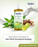 Sri Sri Ayurveda Bhringamalakadi Taila bottle with ingredients on a light green background