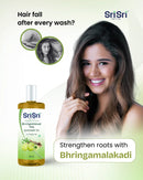 Sri Sri Tattva Bhringamalakadi Taila with a woman and product bottle on a light green background.