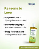 Sri Sri Tattva hair care product with benefits listed on a light green background