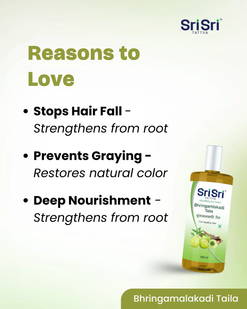Sri Sri Tattva hair care product with benefits listed on a light green background