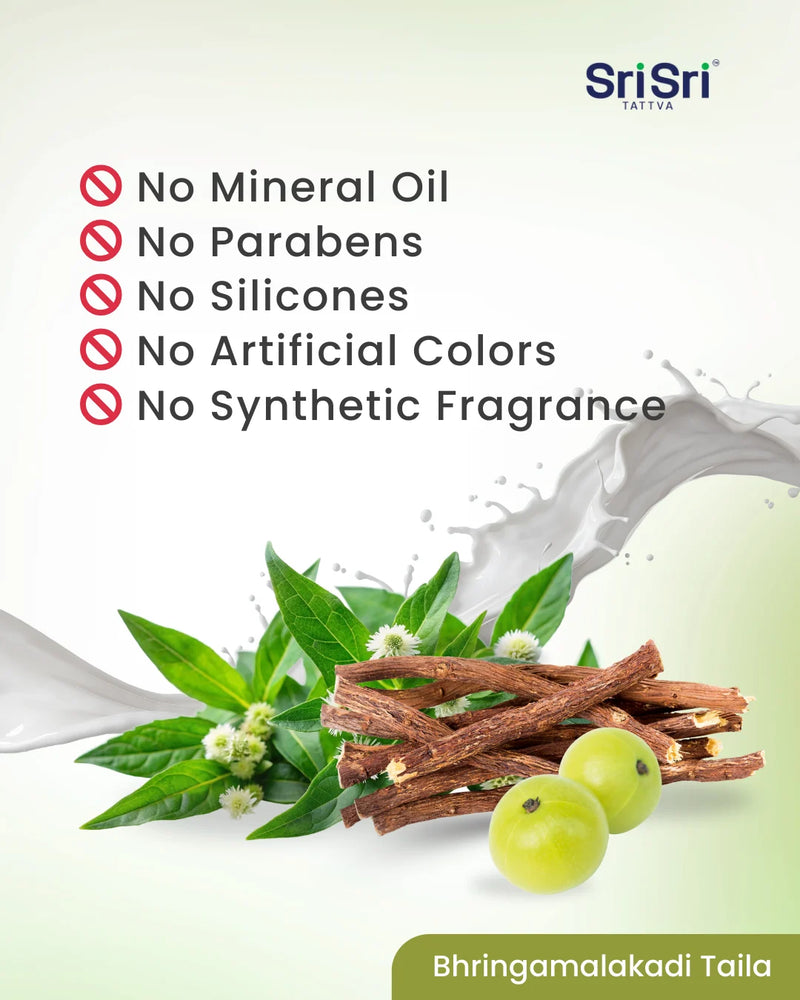 Product with natural ingredients and Sri Sri Tattva branding, highlighting no mineral oil, parabens, silicones, artificial colors, or synthetic fragrances.