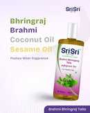 Sri Sri Tattva coconut oil bottle with product details on a light purple background