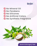 Product packaging with natural ingredients and Sri Sri Tattva branding on a light purple background.