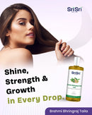 Woman with long hair holding a bottle of Sri Sri Ayurved Brahmi Bhringraj Taila with text about product benefits.