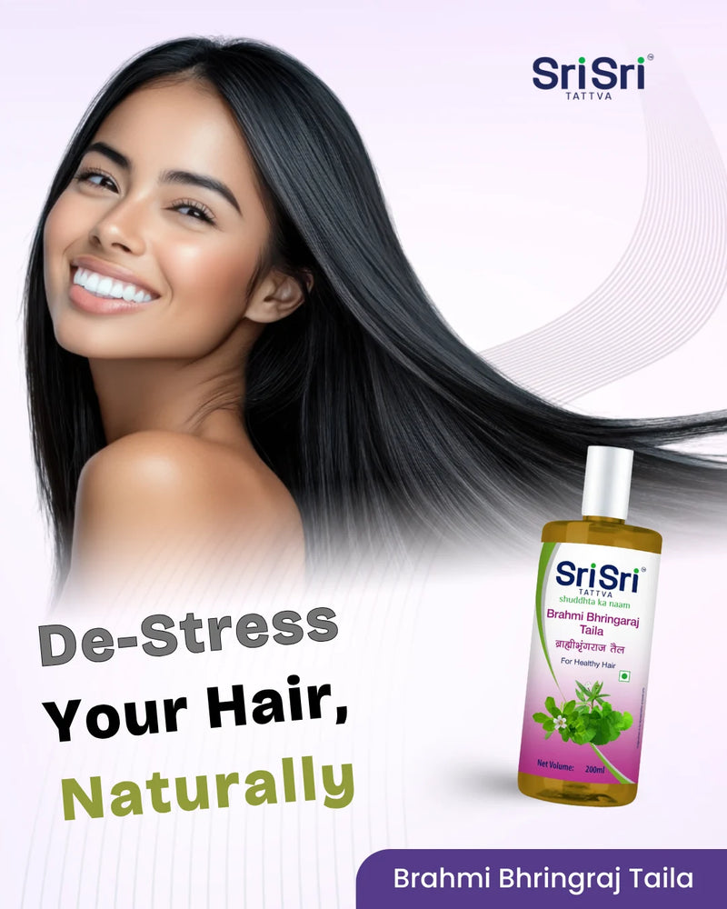 Advertisement for Sri Sri Ayurved Brahmi Bhringraj Taila with a woman and product bottle on a light purple background.