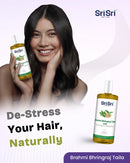 Woman holding Sri Sri Ayurved product with text 'De-Stress Your Hair, Naturally' on a light purple background