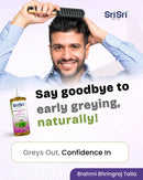 Man brushing his hair with Sri Sri products, promoting natural solutions for early greying.