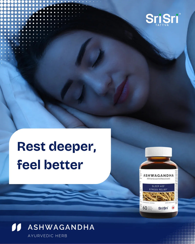 Woman sleeping with a bottle of Sri Sri Ashwagandha for nightly calm, vegan non-GMO, Canada