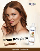 Woman with brown hair and Sri Sri Tattva Hydrating Conditioner bottle on beige background