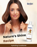 Woman with smooth hair holding her hair, Sri Sri Tattva Hydrating Conditioner bottle on a beige background