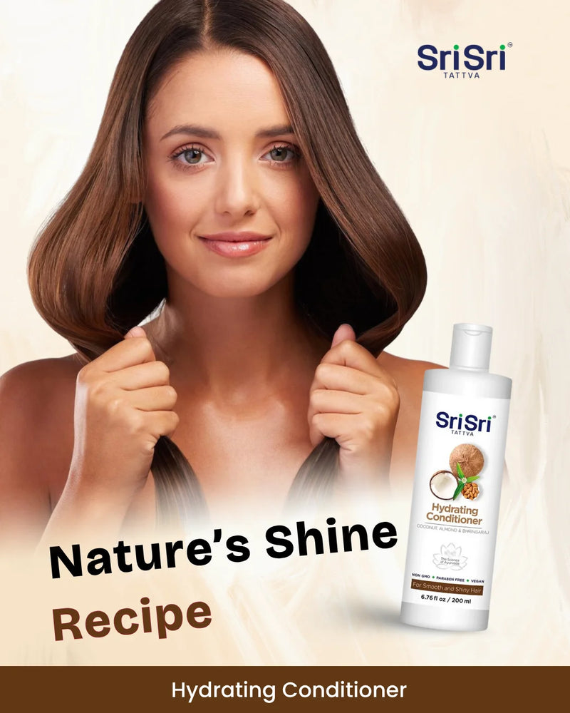 Woman with smooth hair holding her hair, Sri Sri Tattva Hydrating Conditioner bottle on a beige background