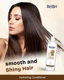 Woman with smooth and shiny hair next to Sri Sri Tattva Hydrating Conditioner bottle on a beige background