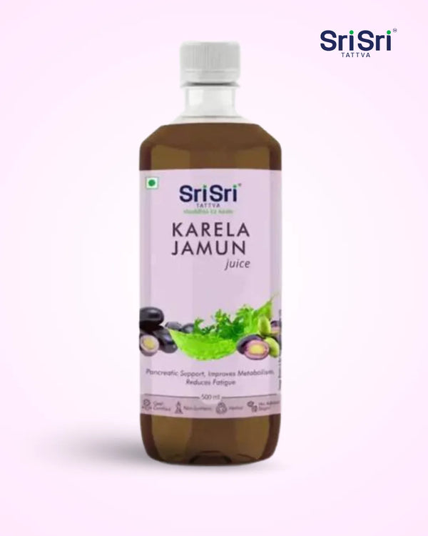 Bottle of Sri Sri Karela Jamun juice on a white background