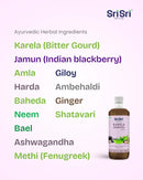 List of Ayurvedic herbal ingredients with Sri Sri Tattva product on a light purple background