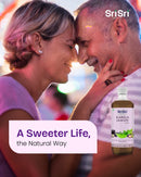 Couple embracing with Sri Sri Tattva Karela Jamun Juice bottle in foreground, promoting a 'Sweeter Life' message.