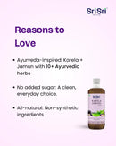 Sri Sri Tattva Karela Jamun Juice bottle with product benifits