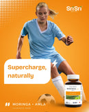 Female athlete running — supercharge naturally with Moringa + Amla antioxidant tablets