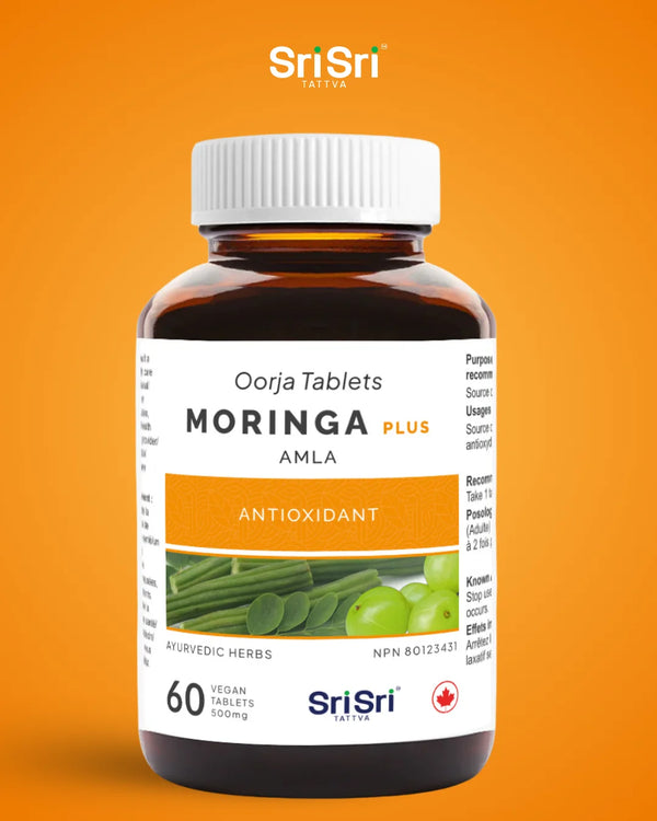 Moringa + Amla tablets bottle — Ayurvedic antioxidant energy support in Canada