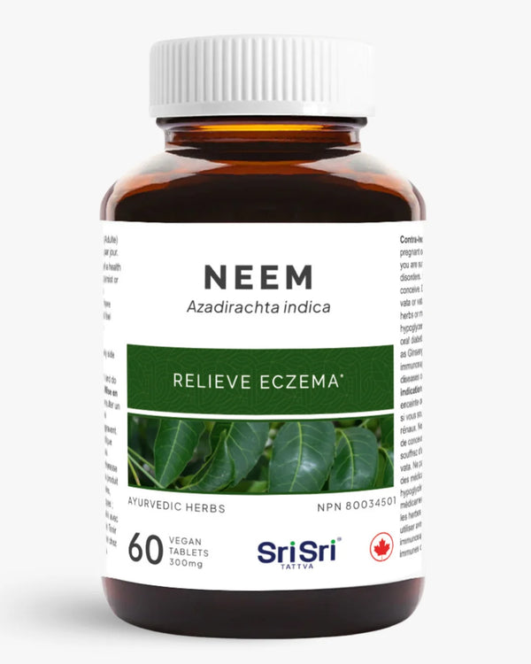 High-resolution close-up of the Neem tablets bottle, highlighting the NPN 80034501, 60 vegan tablets, and the traditional use