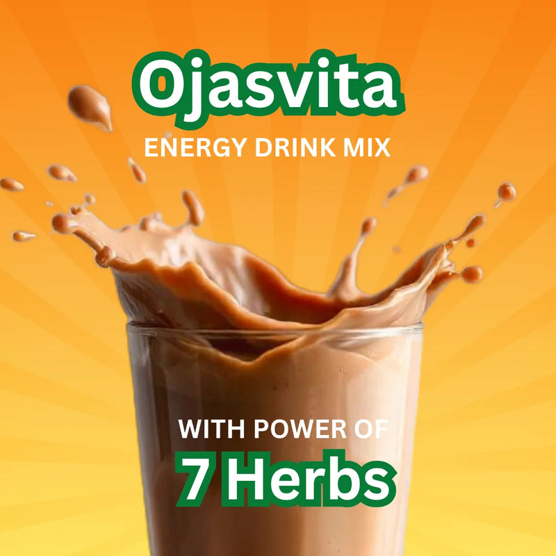 Ojasvita energy drink mix with splashing liquid on an orange background