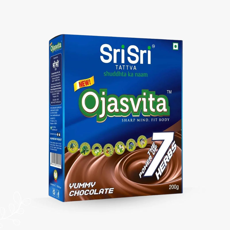 Sri Sri Tattva Ojasvita chocolate-flavored product packaging on a white background