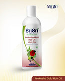 Sri Sri Prakesha Gold Hair Oil bottle on a gradient background