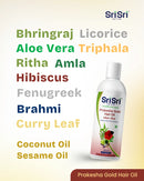 Sri Sri Prakesha Gold Hair Oil bottle with ingredient list on a gradient background