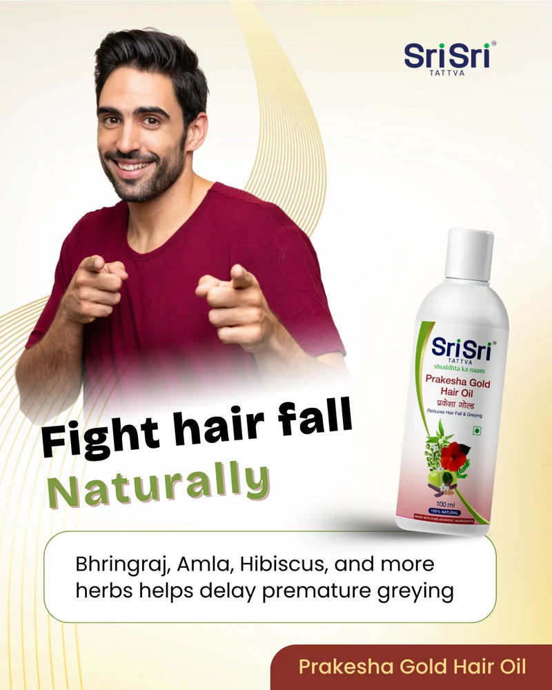 Man pointing towards a bottle of Sri Sri Prakesha Gold Hair Oil with text about fighting hair fall naturally.