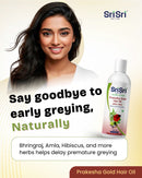 Advertisement for Sri Sri Prakesha Gold Hair Oil with a woman and product on a beige background