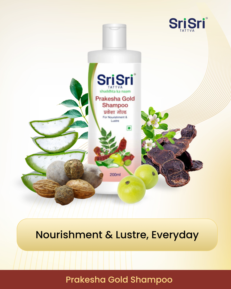 Sri Sri Prakesha Gold Shampoo bottle with natural ingredients on a beige background