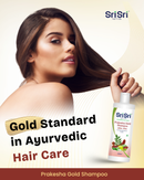 Woman with long hair holding a Sri Sri Prakesha Gold Shampoo bottle on a beige background
