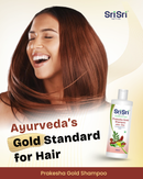 Woman with long brown hair and Sri Sri Ayurveda shampoo bottle on a beige background
