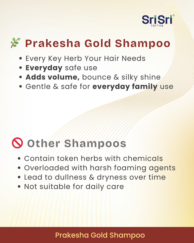 Advertisement for Sri Sri Prakesha Gold Shampoo highlighting its benefits and comparison with other shampoos.