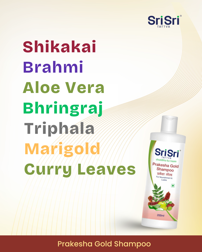 Sri Sri Prakesha Gold Shampoo bottle with ingredients listed on a beige background