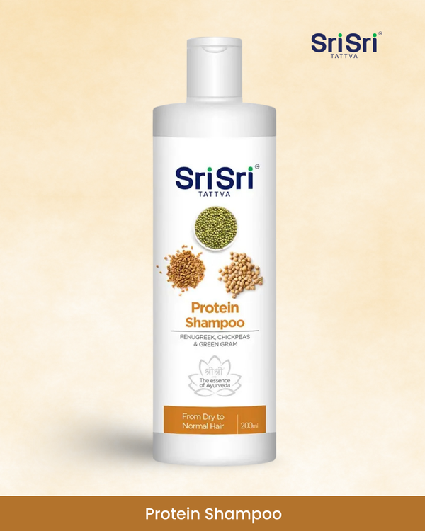 Sri Sri Protein Shampoo bottle on a beige background