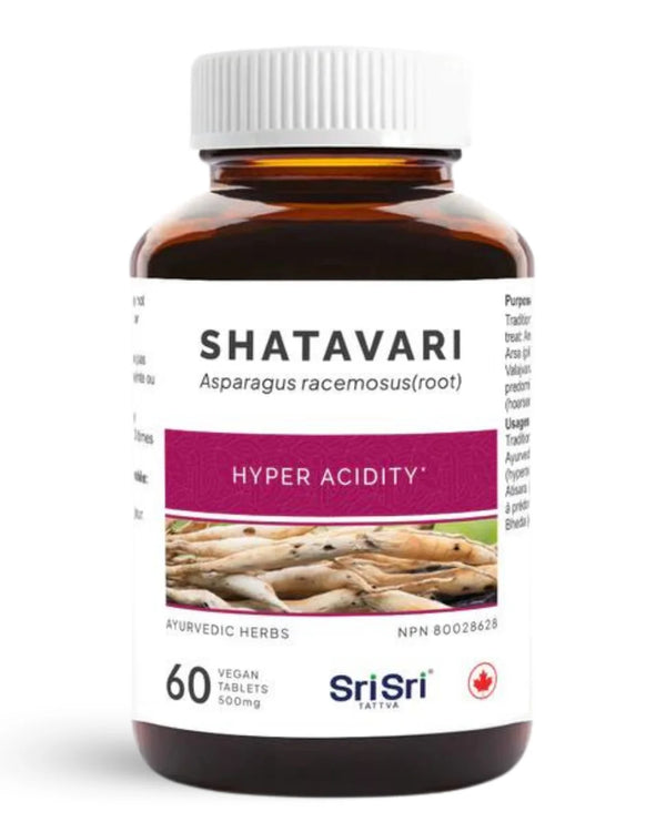High-resolution close-up of the official Shatavari bottle, highlighting the name, NPN 80028628, and the claim "Hyper Acidity
