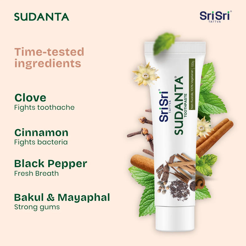 Sri Sri Sudanta toothpaste with ingredients listed on a beige 