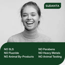 Woman smiling with Sudanta branding and product safety information on a gray background