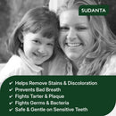 Woman and child smiling with Sudanta product benefits listed 