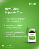 How Tulasi supports you — adaptogen energy*, resistance to stress*, Ayurvedic respiratory support; Holy Basil tablets Canada