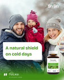 Winter family scene — Tulasi (Holy Basil) tablets as a natural shield on cold days; traditional cough & cold relief, Canada