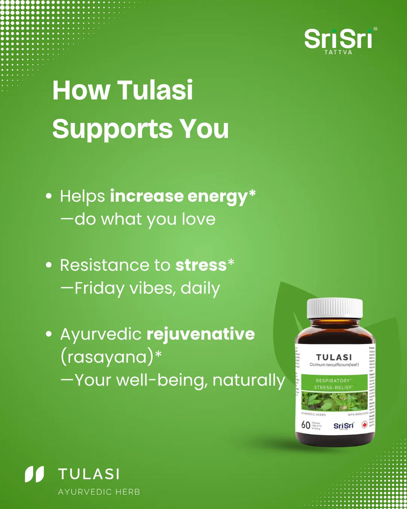 How Tulasi supports you — adaptogen energy*, resistance to stress*, Ayurvedic respiratory support; Holy Basil tablets Canada
