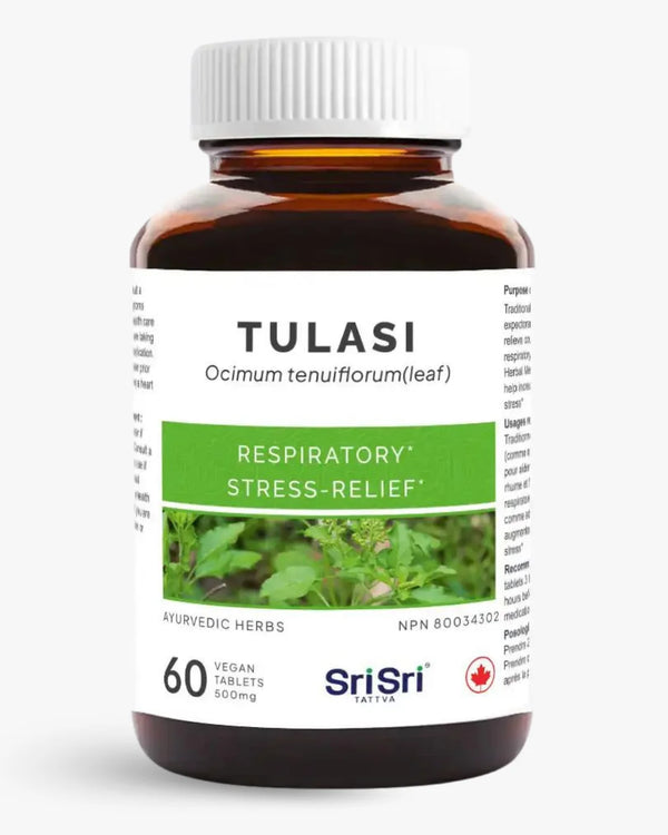 Tulasi bottle hero — Holy Basil respiratory* and stress-relief* tablets with NPN in Canada; natural cough & cold remedy