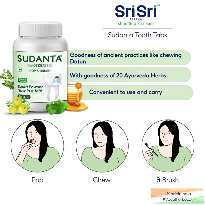 A bottle of Sudanta Tooth Tabs with Benifits