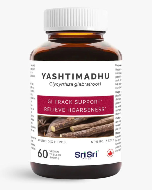 Yashtimadhu (Licorice) tablets bottle — Glycyrrhiza glabra GI tract support & relieve hoarseness, NPN Canada