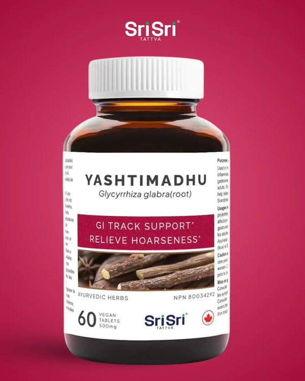 Yashtimadhu (Licorice) tablets bottle — Glycyrrhiza glabra GI tract support & relieve hoarseness, NPN Canada